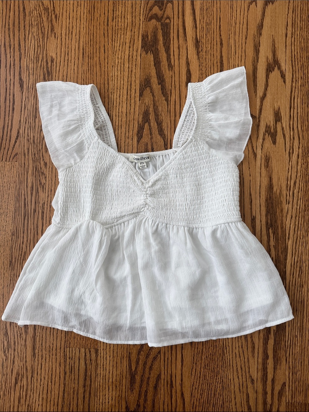 White Smocked Flutter-Sleeve Peplum Top